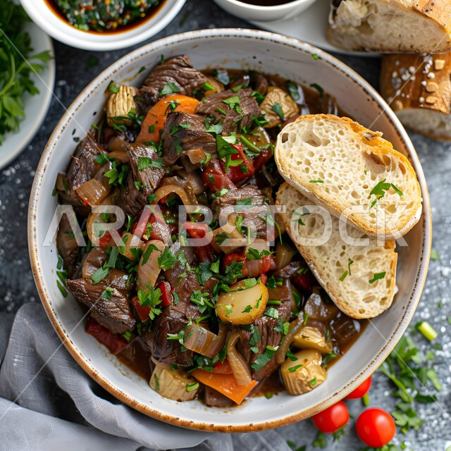 يخنة لحم البقر مع الخضار والخبز، فنون تقديم الأطعمة الأطعمة الشرقية، وصفات وأطباق طعام شعبية لذيذة، مطاعم للمأكولات العربية الخليجية السعودية المشهورة،  طرق مميزة لتقديم الطعام، وجبات صحية بطرائق شهية 