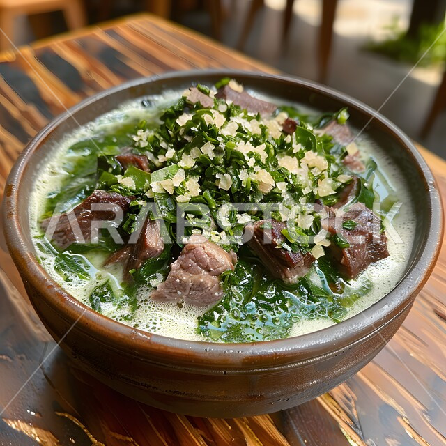 شوربة خضراء لذيذة مع لحم البقر والإضافات، فنون تقديم الأطعمة الأطعمة الشرقية، وصفات وأطباق طعام شعبية لذيذة، مطاعم للمأكولات العربية الخليجية السعودية المشهورة،  طرق مميزة لتقديم الطعام، وجبات صحية بطرائق شهية 