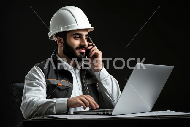 تصفح المواقع والتطبيقات الهندسية,دمج العمل مع التقنية و التكنولوجيا، بورتريه لمهندس عربي خليجي سعودي يرتدي الخوذة البيضاء والسترة الخاصة بالعمل يجلس على المكتب، إجراء مكالمة عبر الهاتف المحمول ومطالعة آخر التطورات عن طريق جهاز اللابتوب, خلفية سوداء