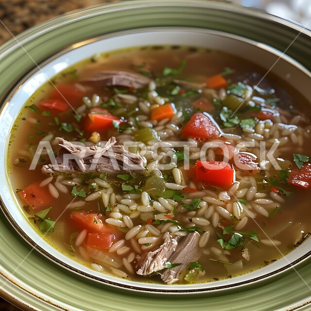 Delicious rice and chicken soup with herbs and vegetables, the art of presenting oriental foods, delicious popular food recipes and dishes, restaurants for famous Saudi Arabian Gulf foods, distinctive ways to present food, healthy meals in delicious ways