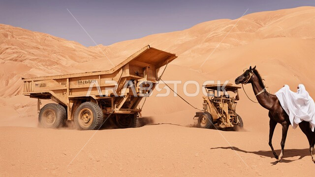 حيوان الجمل يقف وسط صحراء المملكة العربية السعودية، الكثبان الرملية والرمال الذهبية اللامعة،مناطق التنقيب عن الثروات الباطنية،سيارة شحن كبيرة تقوم بالعمل في موقع التعدين، التخلص من الأتربة والصخور ونقلها بعيدا