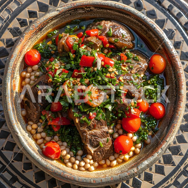 حساء لحم الضأن مع الطماطم والأعشاب في وعاء من الطين، فنون تقديم الأطعمة الأطعمة الشرقية، وصفات وأطباق طعام شعبية لذيذة، مطاعم للمأكولات العربية الخليجية السعودية المشهورة،  طرق مميزة لتقديم الطعام، وجبات صحية بطرائق شهية 