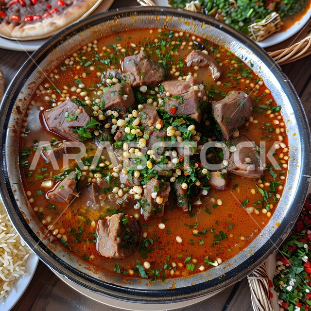 يخنة لحم شرق أوسطية لذيذة مع الأعشاب والتوابل، فنون تقديم الأطعمة الأطعمة الشرقية، وصفات وأطباق طعام شعبية لذيذة، مطاعم للمأكولات العربية الخليجية السعودية المشهورة،  طرق مميزة لتقديم الطعام، وجبات صحية بطرائق شهية 