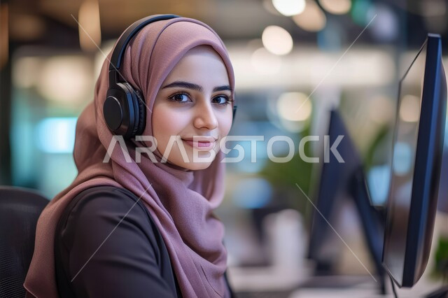 Accomplishing tasks and managing the company’s business, integrating work with technology and technology, female office professions and jobs, customer service concept, answering questions and inquiries, information and communication department, a veiled Saudi Arabian Gulf woman wearing headphones and looking at the camera with pleased gestures