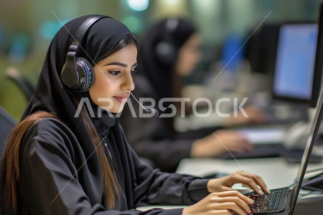 Answering questions and inquiries, Inquiries and communication department, Veiled Saudi Arabian Gulf woman wearing headphones, Accomplishing tasks and managing company business, Integrating work with technology and technology, Women's office jobs and professions, Customer service concept