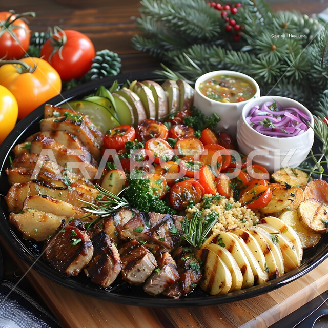 وليمة مشوية على طبق أسود، فنون تقديم الأطعمة الأطعمة الشرقية، وصفات وأطباق طعام شعبية لذيذة، مطاعم للمأكولات العربية الخليجية السعودية المشهورة،  طرق مميزة لتقديم الطعام، وجبات صحية بطرائق شهية 