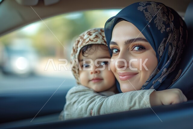 الشعور بالأمان والاطمئنان، قضاء وقت ممتع مع الأبناء، تعزيز رابط الأمومة بين الأم وصغيرها، إيماءات السعادة والسرور، مفهوم حنان الأمهات و تحمل المسؤولية والعناية بالأطفال، صورة مقربة لسيدة عربية خليجية سعودية محجبة تحمل طفلتها في السيارة وتحضنها بحب