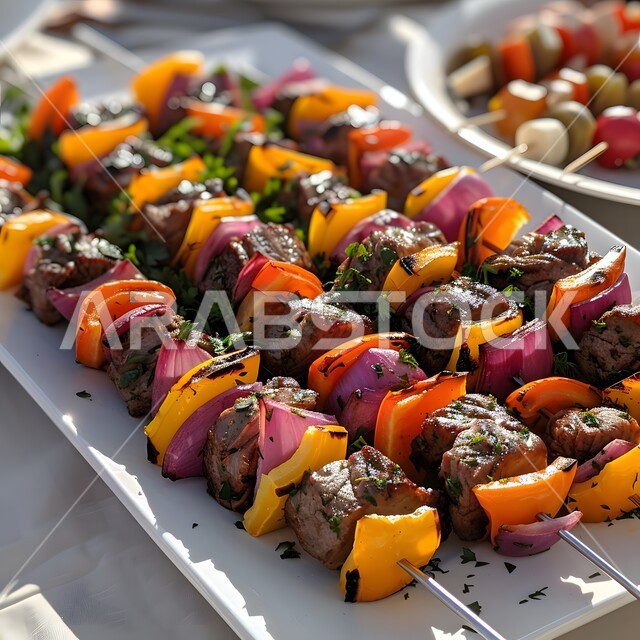 Delicious hot lamb meals, grilled chicken recipes with various flavors, restaurants for oriental Arabic cuisine, close-up of grilled meat pieces with various vegetables, healthy foods and foods, the art of presentation in the kitchens of the Kingdom of Saudi Arabia