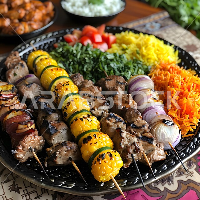 وجبات اللحم الضأن الشهية الساخنة، وصفات الدجاج المشوية بنكهات متنوعة، مطاعم للمأكولات العربية الشرقية, صورة مقربة لقطع اللحوم المشوية مع الخضار المتنوعة، أطعمة وأغذية صحية, فنون التقديم في مطابخ المملكة العربية السعودية
