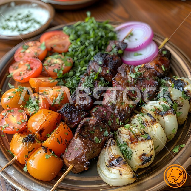 وجبات اللحم الضأن الشهية الساخنة، وصفات الدجاج المشوية بنكهات متنوعة، مطاعم للمأكولات العربية الشرقية, صورة مقربة لقطع اللحوم المشوية مع الخضار المتنوعة، أطعمة وأغذية صحية, فنون التقديم في مطابخ المملكة العربية السعودية