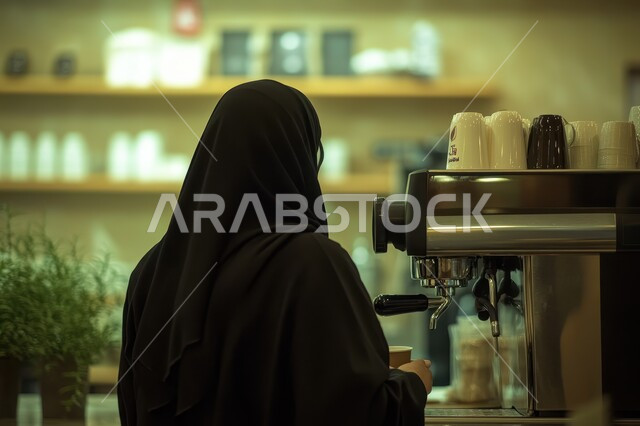 الاستمتاع بشرب القهوة في أجواء هادئة، صورة مقربة من الخلف لإمرأة عربية سعودية خليجية محجبة ترتدي عباءة سوداء تقوم باستخدام آلة صنع القهوة، منتجات ومحاصيل سعودية، مشروب الكافيين المهدئ، تناول المشروبات الدافئة