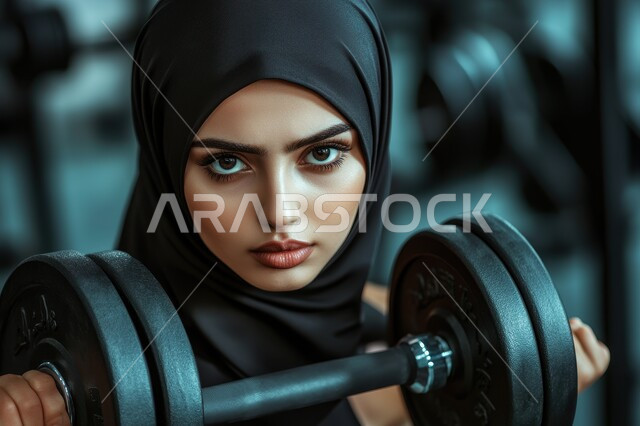  ممارسة التمارين الرياضية مع الدمبل، نشاط بدني للمحافظة على الصحة واللياقة الجسدية، كمال الأجسام وبناء العضل, أسلوب حياة صحي، تمارين رفع الأثقال الحديدية الثقيلة، صورة مقربة لشابةعربية سعودية محجبة في النادي الرياضي ترتدي الملابس الرياضية