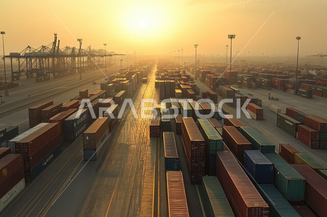 استلام ونقل كونتينرات التخزين عبر الاقتصاد البحري, تصدير وإستيراد البضاعة في السعودية من خلال استخدام الوسائل المتطورة الحديثه، موانئ شحن البضائع و الحاويات التجارية, صورة من الاعلى لتجارة السلع والمنتجات المحلية عبر السفن في البحار