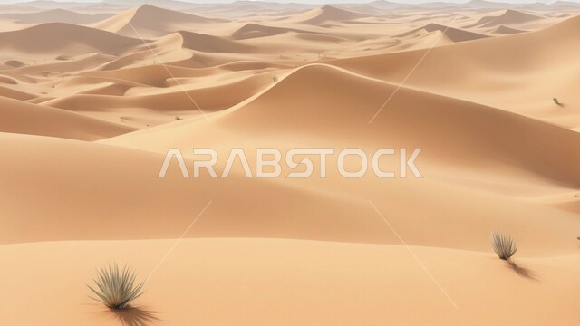 الهضاب والتلال في المناطق الطبيعية الصحراوية، البيئة الرملية في وقت النهار، الرمال الذهبية الناعمة والكثبان في صحراء المملكة العربية السعودية, نمو النباتات البرية في صحاري المملكة، خلفية الطبيعه