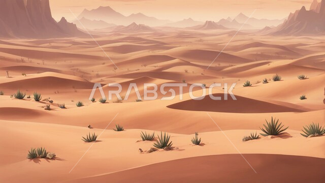 الهضاب والتلال في المناطق الطبيعية الصحراوية، البيئة الرملية في وقت النهار، الرمال الذهبية الناعمة والكثبان في صحراء المملكة العربية السعودية, نمو النباتات البرية في صحاري المملكة، خلفية الطبيعه