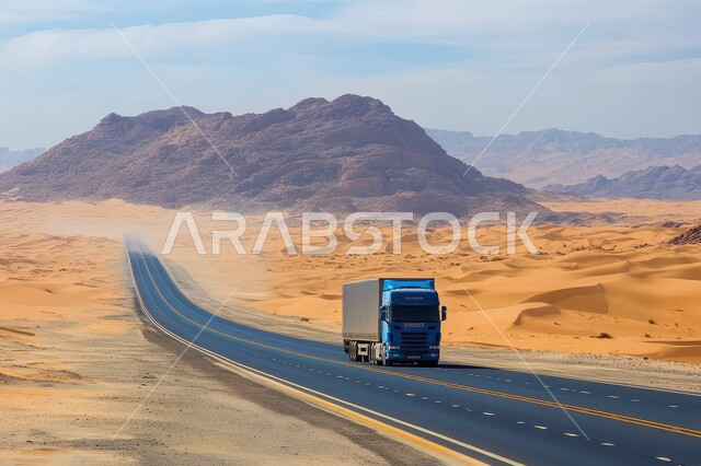 خدمة نقل البضائع على الطرق السريعة وسط الصحراء, شاحنة على طريق اسفلتي في المملكة العربية السعودية, الجبال و الطبيعة الصحراوية الجبلية و التشكيلات الصخرية، المرتفعات الصخريه على جوانب الطرقات المعبده في المملكة العربية السعودية