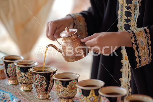 حسن الضيافه والإستقبال في الأعياد والمناسبات الدينية، اتباع العادات والتقاليد السعودية في تقديم القهوة بالدله النحاسية والفنجان، الاستمتاع بالمشروبات الساخنة، منتجات وطنية محلية، صورة مقربة لإمرأة عربية سعودية خليجية تقوم بصب القهوة العربية