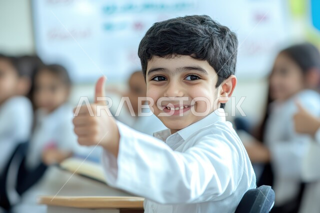 مفهوم الإمتياز والتميز, إيماءات الحماس والنشاط لبدأ السنة الدراسية الجديدة, ولد عربي سعودي خليجي مبتسم  يرفع اصبع الابهام للأعلى بعلامة الرضا والقبول، النظر الى الكاميرا بتعابير السعادة والسرور لعودة المدارس