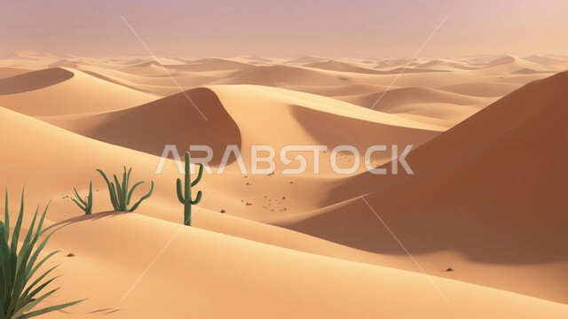 منظر الرمال الذهبية اللامعة في النهار, امتداد الصحراء العربية لمساحات واسعة, تشكل التلال والكثبان الرملية, البيئة والتضاريس الجافة للصحاري الخليجية، نمو النباتات والشوكيات البرية في الصحاري, الطبيعة الصحراوية في المملكة العربية السعودية