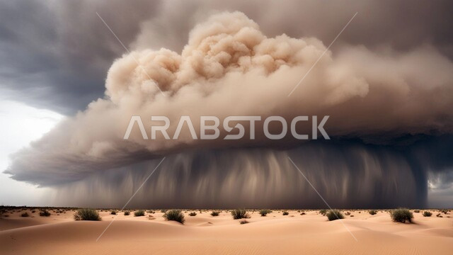 الزوابع الغبارية القوية، العاصفة الرملية في الصحراء, رياح ترابية في المناطق الصحراوية, الكثبان والرمال الذهبية الناعمة، التشكيلات والتكوينات الرملية في المملكة العربية السعودية, منظر السماء الممتلئة بالغيوم الداكنة