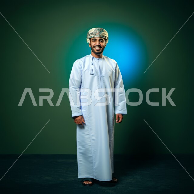 تعابير السير و المشي للذهاب الى مكان ما, صورة الجسم بالطول الكامل, مفهوم الاناقة و الاهتمام بالمظهر الخارجي, بورتريه  لشاب عربي خليجي عماني يرتدي الدشداشة و الكمه يقف باستقامة، النظر الى الكاميرا بإيماءات السعادة و السرور, خلفيه ملونة