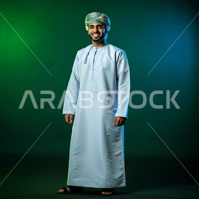 The concept of elegance and interest in external appearance, a portrait of a young Arab Gulf Omani man wearing a dishdasha and a cuff, standing straight, looking at the camera with gestures of happiness and pleasure, expressions of walking and walking to go somewhere, a full-length body image, a colored background