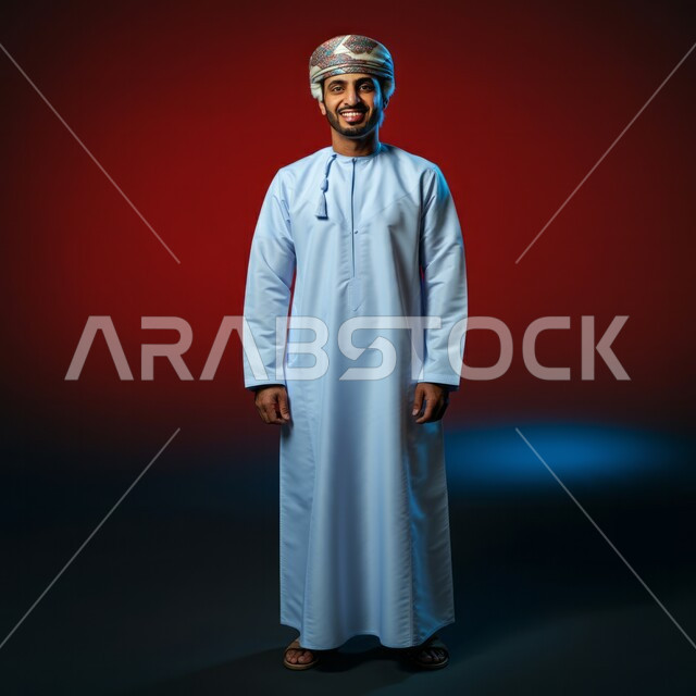  تعابير السير و المشي للذهاب الى مكان ما, صورة الجسم بالطول الكامل, مفهوم الاناقة و الاهتمام بالمظهر الخارجي, بورتريه  لشاب عربي خليجي عماني يرتدي الدشداشة و الكمه يقف باستقامة، النظر الى الكاميرا بإيماءات السعادة و السرور, خلفيه ملونة