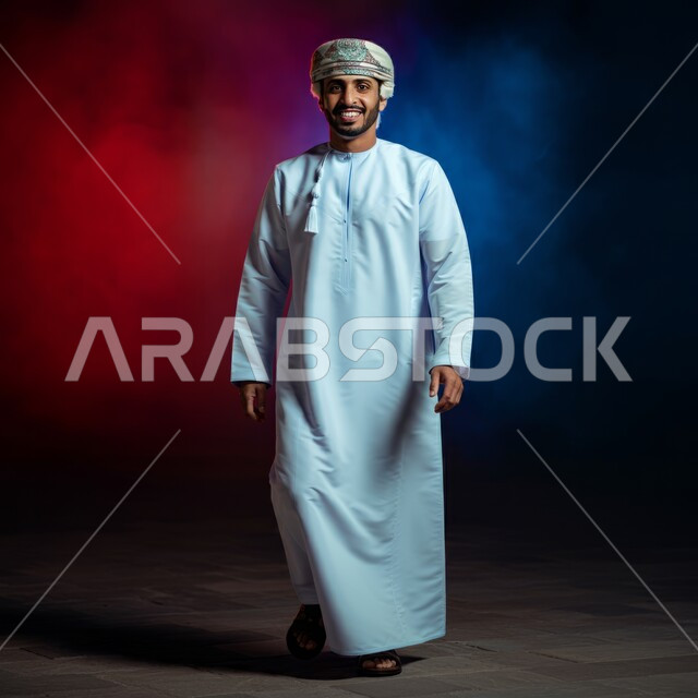 النظر الى الكاميرا بإيماءات السعادة و السرور, تعابير السير و المشي للذهاب الى مكان ما, صورة الجسم بالطول الكامل, مفهوم الاناقة و الاهتمام بالمظهر الخارجي, بورتريه  لشاب عربي خليجي عماني يرتدي الدشداشة و الكمه يقف باستقامة، خلفيه ملونة