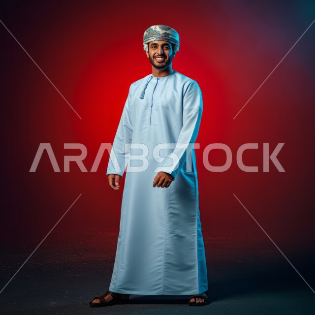 مفهوم الاناقة و الاهتمام بالمظهر الخارجي, بورتريه  لشاب عربي خليجي عماني يرتدي الدشداشة و الكمه يقف باستقامة، النظر الى الكاميرا بإيماءات السعادة و السرور, تعابير السير و المشي للذهاب الى مكان ما, صورة الجسم بالطول الكامل, خلفيه ملونة