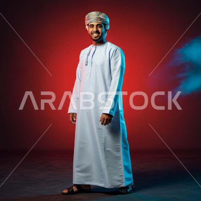  تعابير السير و المشي للذهاب الى مكان ما, صورة الجسم بالطول الكامل, مفهوم الاناقة و الاهتمام بالمظهر الخارجي, بورتريه  لشاب عربي خليجي عماني يرتدي الدشداشة و الكمه يقف باستقامة، النظر الى الكاميرا بإيماءات السعادة و السرور, خلفيه ملونة