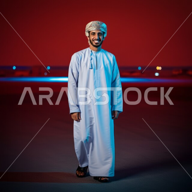 النظر الى الكاميرا بإيماءات السعادة و السرور, تعابير السير و المشي للذهاب الى مكان ما, صورة الجسم بالطول الكامل, مفهوم الاناقة و الاهتمام بالمظهر الخارجي, بورتريه  لشاب عربي خليجي عماني يرتدي الدشداشة و الكمه يقف باستقامة، خلفيه ملونة