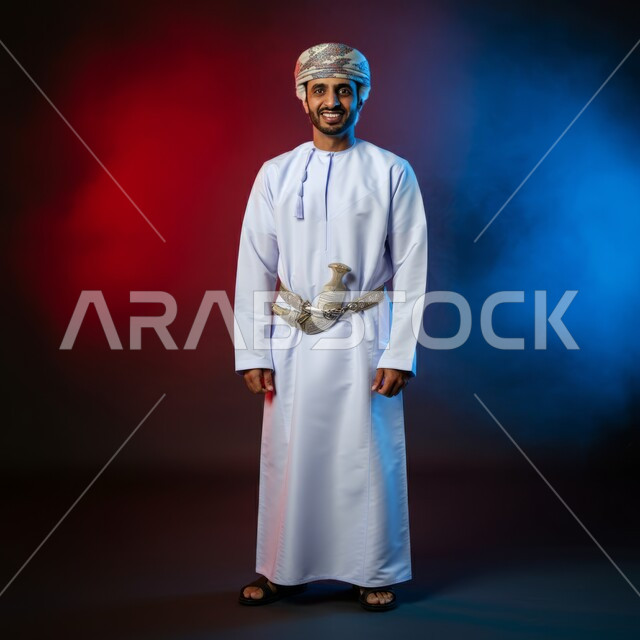 مفهوم الاناقة و الاهتمام بالمظهر الخارجي, بورتريه  لشاب عربي خليجي عماني يرتدي الدشداشة و الكمه يقف باستقامة، النظر الى الكاميرا بإيماءات السعادة و السرور, تعابير السير و المشي للذهاب الى مكان ما, صورة الجسم بالطول الكامل, خلفيه ملونة