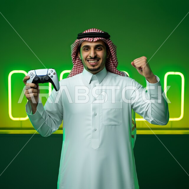 المتعة والتسلية بالفيديو جيمز، التفاعل والاندماج أثناء اللعب بالألعاب الالكترونية الترفيهية، شاب عربي خليجي سعودي مبتسم يرتدي الثوب التقليدي يمسك بيده عصا التحكم ويرفع قبضته للأعلى بإيماءات الفوز والانتصار، خلفية خضراء