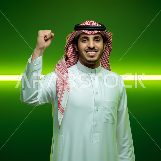 المنافسة والتحدي والتشجيع، إيماءات الفرح لسماع خبر ما, النظر الى الكاميرا بتعابير الفوز و تحقيق الأهداف, بورتريه لشاب عربي خليجي سعودي يرتدي الثوب التقليدي والشماغ  يرفع يديه بحركات الحماس و السعادة, مفهوم الانجاز والقوة، خلفية خضراء