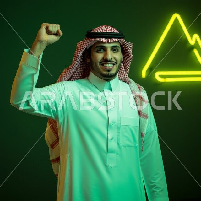 The concept of achievement and strength, competition, challenge and encouragement, gestures of joy upon hearing some news, looking at the camera with expressions of victory and achieving goals, portrait of a young Saudi Arabian Gulf man wearing the traditional thobe and shemagh raising his hands with gestures of enthusiasm and happiness, full-length body image, background