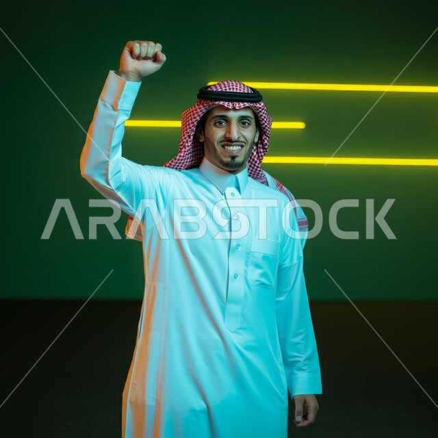 النظر الى الكاميرا بتعابير الفوز و تحقيق الأهداف, بورتريه لشاب عربي خليجي سعودي يرتدي الثوب التقليدي والشماغ  يرفع يديه بحركات الحماس و السعادة, مفهوم الانجاز والقوة، المنافسةوالتحدي والتشجيع، إيماءات الفرح لسماع خبر ما, خلفية خضراء