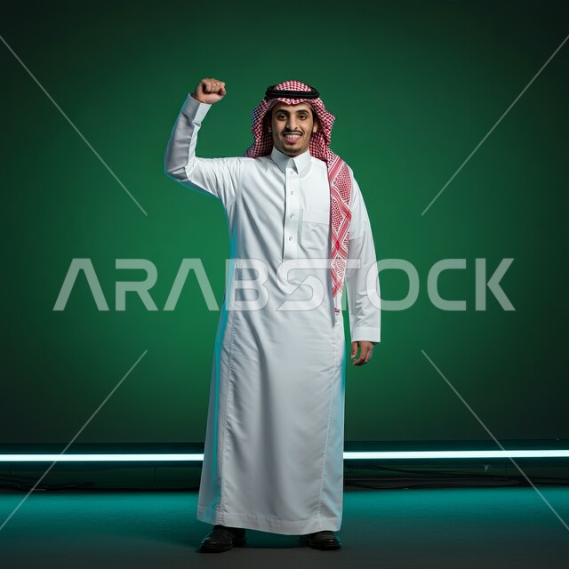إيماءات الفرح لسماع خبر ما, النظر الى الكاميرا بتعابير الفوز و تحقيق الأهداف, بورتريه لشاب عربي خليجي سعودي يرتدي الثوب التقليدي والشماغ  يرفع يديه بحركات الحماس و السعادة, مفهوم الانجاز والقوة، المنافسةوالتحدي والتشجيع، صورة الجسم بالطول الكامل, خلفية خضراء