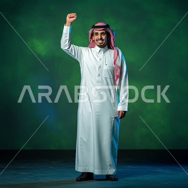 المنافسة والتحدي والتشجيع، إيماءات الفرح لسماع خبر ما, النظر الى الكاميرا بتعابير الفوز و تحقيق الأهداف, بورتريه لشاب عربي خليجي سعودي يرتدي الثوب التقليدي والشماغ  يرفع يديه بحركات الحماس و السعادة, مفهوم الانجاز والقوة، صورة الجسم بالطول الكامل, خلفية خضراء