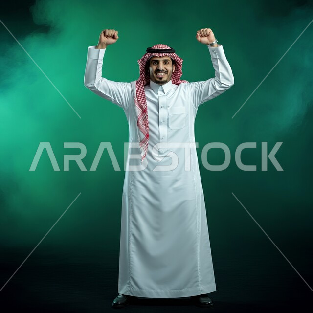 إيماءات الفرح لسماع خبر ما, النظر الى الكاميرا بتعابير الفوز و تحقيق الأهداف, بورتريه لشاب عربي خليجي سعودي يرتدي الثوب التقليدي والشماغ  يرفع يديه بحركات الحماس و السعادة, مفهوم الانجاز والقوة، المنافسةوالتحدي والتشجيع، صورة الجسم بالطول الكامل, خلفية خضراء
