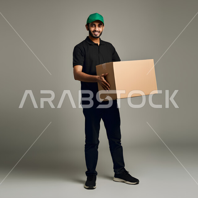 High quality shipping services, portrait of smiling young Saudi Arabian Gulf man in casual wear and green hat holding a large cardboard box, looking at camera with happy gestures, process of delivering special orders to customers, full body length, gray background