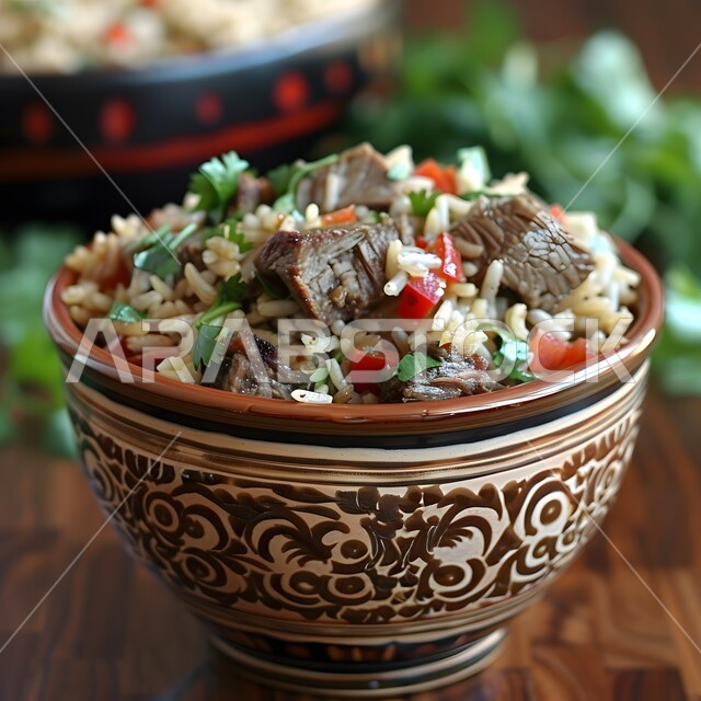 Popular meals and dishes, close-up of a plate of rice with meat and vegetables, traditional food recipes, food presentation arts in Saudi Arabia