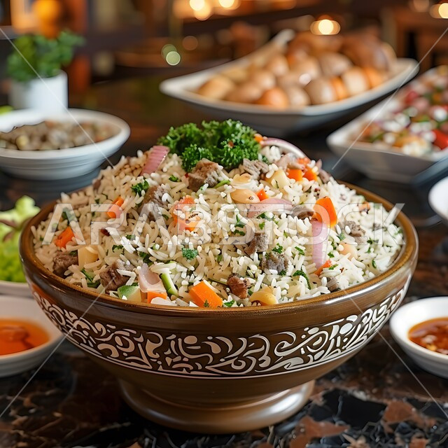 وجبات وأطباق شعبية ،صورة مقربة لطبق من الأرز مع اللحوم والخضروات ،وصفات الأطعمة التقليدية ،فنون تقديم الطعام في المملكة العربية السعودية 