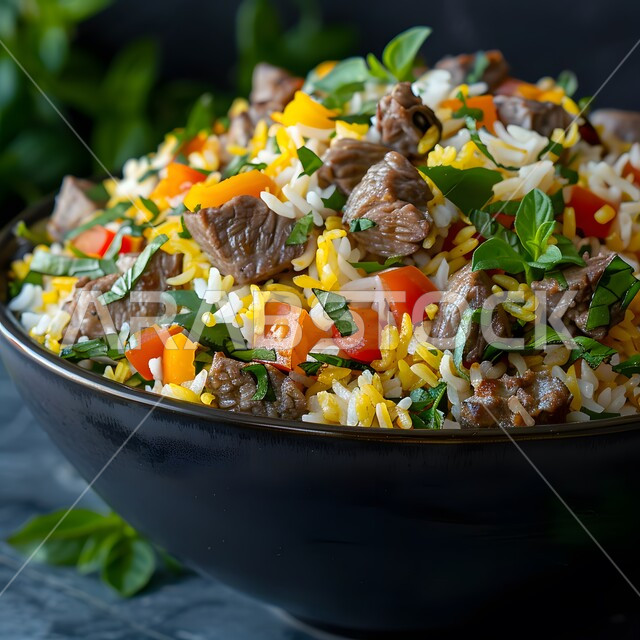 وجبات وأطباق شعبية ،صورة مقربة لطبق من الأرز مع اللحوم والخضروات ،وصفات الأطعمة التقليدية ،فنون تقديم الطعام في المملكة العربية السعودية 