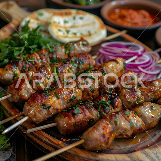 وجبات اللحم الضأن الشهية الساخنة، وصفات الدجاج المشوية بنكهات متنوعة، مطاعم للمأكولات العربية الشرقية, صورة مقربة لقطع اللحوم المشوية المزينة بالبقدونس مع الخبز الرقيق، أطعمة وأغذية صحية, فنون التقديم في مطابخ المملكة العربية السعودية