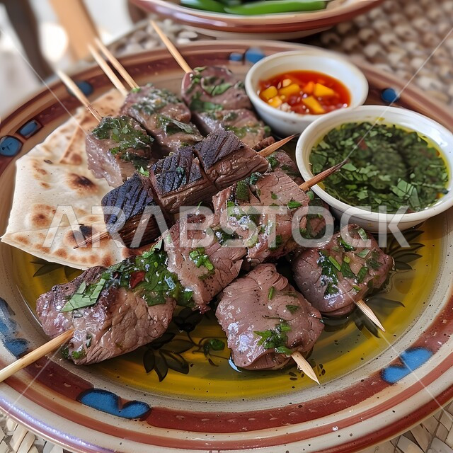 وجبات اللحم الضأن الشهية الساخنة، وصفات الدجاج المشوية بنكهات متنوعة، مطاعم للمأكولات العربية الشرقية, صورة مقربة لقطع اللحوم المشوية المزينة بالبقدونس مع الخبز الرقيق، أطعمة وأغذية صحية, فنون التقديم في مطابخ المملكة العربية السعودية