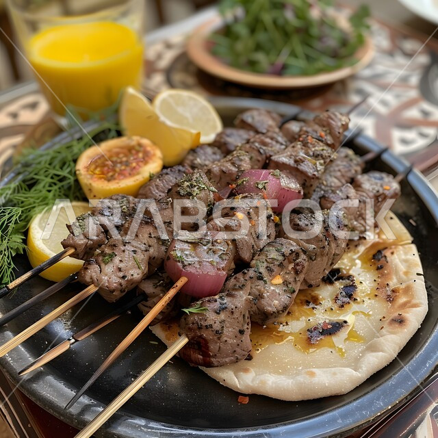 وجبات اللحم الضأن الشهية الساخنة، وصفات الدجاج المشوية بنكهات متنوعة، مطاعم للمأكولات العربية الشرقية, صورة مقربة لقطع اللحوم المشوية المزينة بالبقدونس مع الخبز الرقيق، أطعمة وأغذية صحية, فنون التقديم في مطابخ المملكة العربية السعودية
