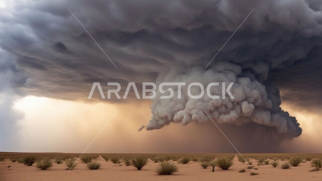 غبار العاصفة الرملية في الصحراء, رياح ترابية في المناطق الصحراوية, الكثبان والرمال الذهبية الناعمة، التشكيلات والتكوينات الرملية في المملكة العربية السعودية, منظر السماء الممتلئة بالغيوم الداكنة، الزوابع الغبارية القوية