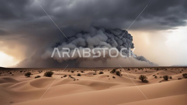 غبار العاصفة الرملية في الصحراء, رياح ترابية في المناطق الصحراوية, الكثبان والرمال الذهبية الناعمة، التشكيلات والتكوينات الرملية في المملكة العربية السعودية, منظر السماء الممتلئة بالغيوم الداكنة، الزوابع الغبارية القوية