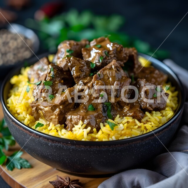 فن الطهي للمأكولات العربية الشرقية ،طبق من الأرز مع الخضروات وقطع اللحم المطهية ،وصفات تقليدية مشهورة في مطاعم المملكة العربية السعودية ،وجبات وأطباق شعبية