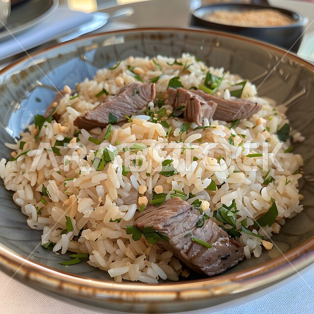 فن الطهي للمأكولات العربية الشرقية ،طبق من الأرز مع الخضروات وقطع اللحم المطهية ،وصفات تقليدية مشهورة في مطاعم المملكة العربية السعودية ،وجبات وأطباق شعبية